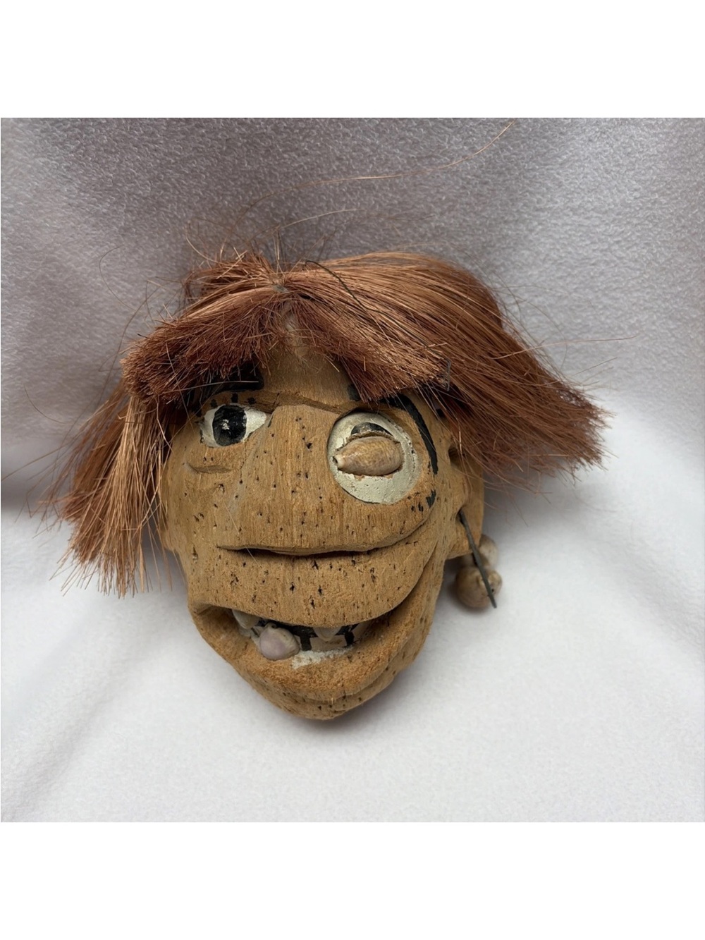Handcrafted in Philippines Coconut Tiki  Head w/Hair- shell teeth & Earring
